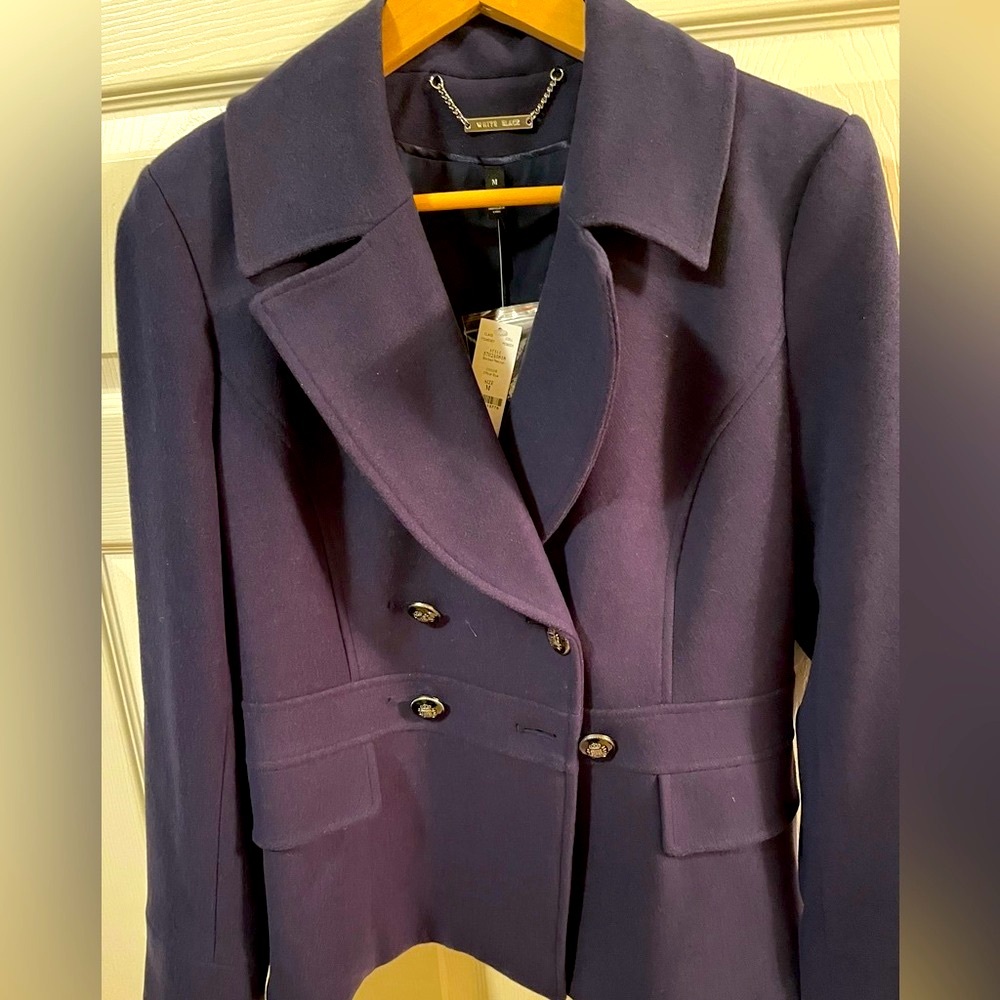 WHBM Classic Navy Peplum Back Pea Coat Jacket, Decorative Black Buttons …